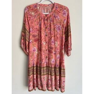 Boho Floral Paisley Button Front Ruffle Mini Dress Pink 3/4 Sleeves Size Large